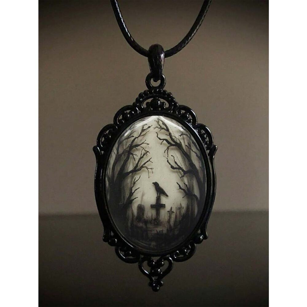 Gothic Crow Black Raven Cemetery Cameo Pendant Vintage Style Necklace